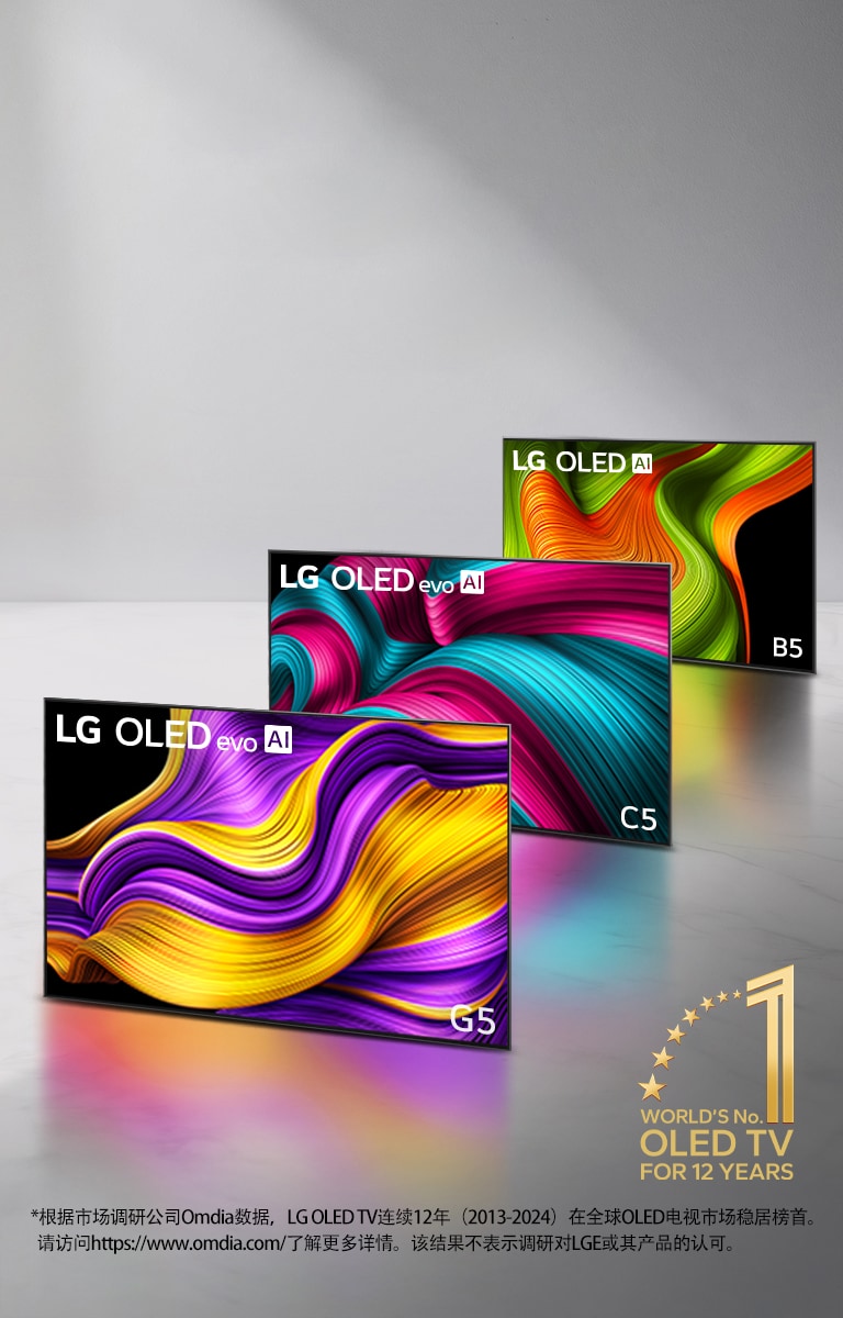 LG OLED evo TV C5、evo G5 和 B5 排成一列，以灰色渐变为背景。图像中有“连续 12 年全球最佳 OLED TV”标志。 免责声明内容为：“来源：Omdia。2013 年至 2023 年出货量。结果并不表示 LG Electronics 认可。第三方自行承担因依靠这些结果行事而产生的后果。请访问 https://www.omdia.com/ 了解更多详情。”