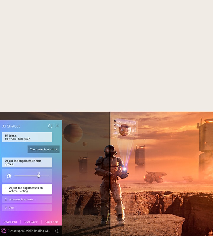 Na obrazovce LG QNED TV se přehrává sci-fi obsah. Na obrazovce je rozhraní AI Chatbot. Uživatel napsal chatbotovi, že obrazovka je příliš tmavá. Chatbot nabídl možnosti řešení požadavku. Celá scéna je také rozdělena na dvě části. Jedna polovina je tmavší, druhá jasnější, demonstrující, jak AI Chatbot automaticky vyřešil situaci pro uživatele.
