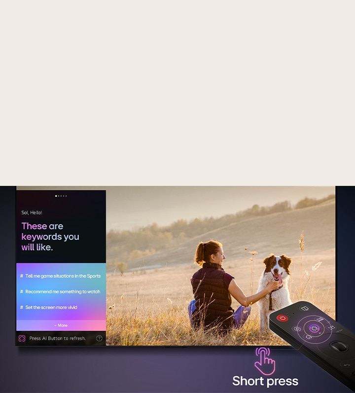 Dálkový ovladač LG AI Magic Remote před obrazovkou LG TV. Na obrazovce je personalizovaný pozdrav od LG AI s vlastními klíčovými slovy založenými na uživatelově historii vyhledávání a sledování. U ovladače se nachází ikona a označení znázorňující, že funkci AI Concierge lze jednoduše aktivovat jedním krátkým stisknutím AI tlačítka. 