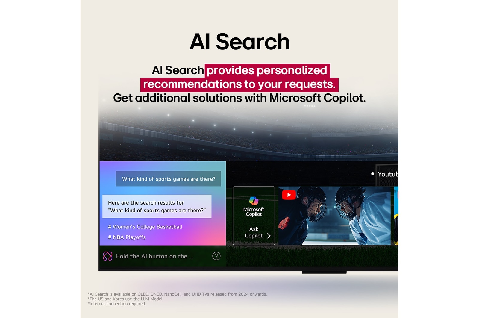 Detail obrazovky televizoru LG TV zobrazující, jak funguje funkce AI Search. Otevře se malé okno chatu, ve kterém se zobrazí, jak se uživatel ptal na nabídku sportovních her. Funkce AI Search reagovala prostřednictvím chatu a zobrazováním miniatur dostupného obsahu. Zobrazí se také výzva, abyste se obrátili na Microsoft Copilot. 