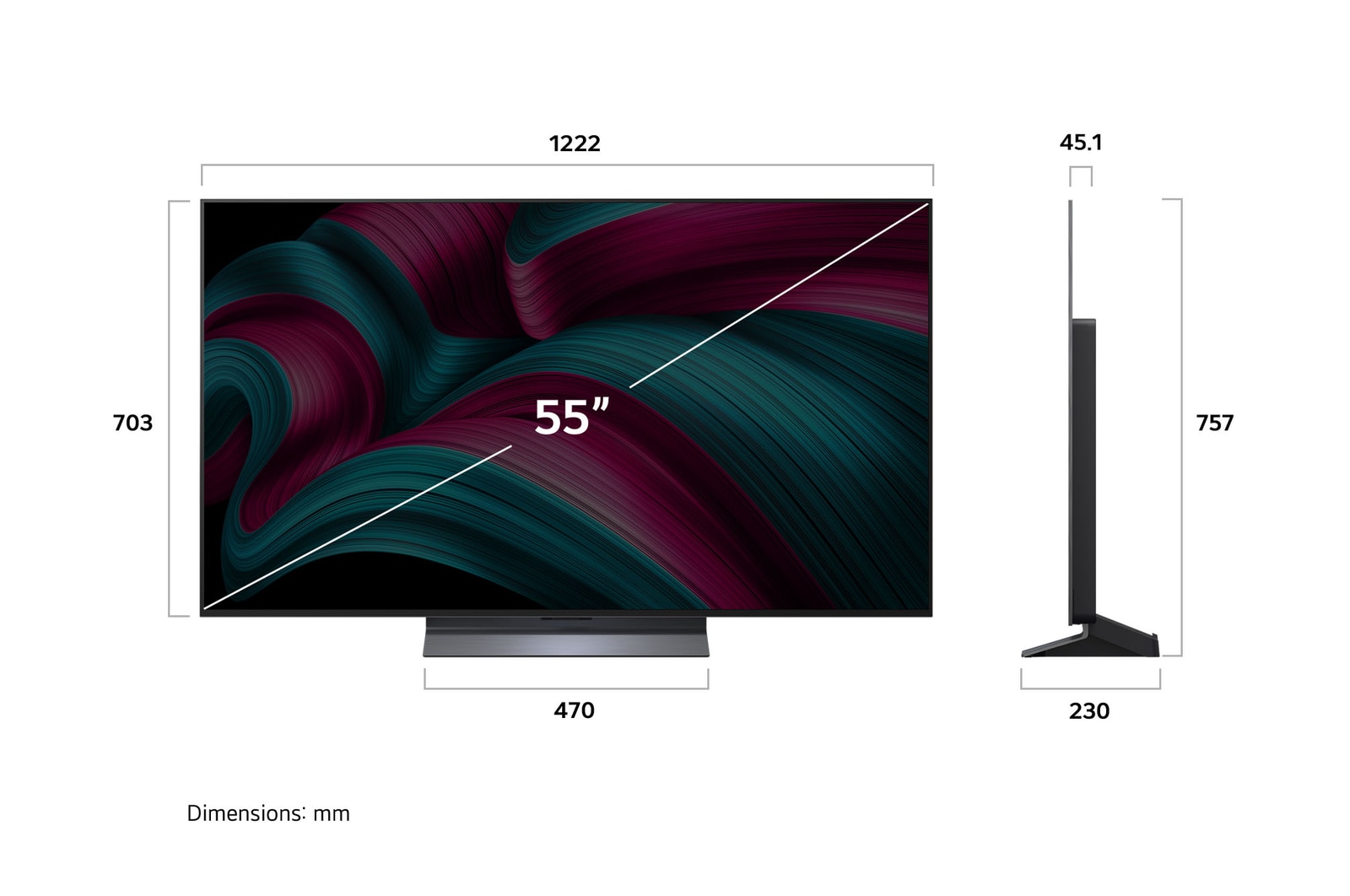 Pohled zepředu a z boku na LG OLED evo AI C5 4K Smart TV s rozměry na délku, šířku, výšku a hloubku.