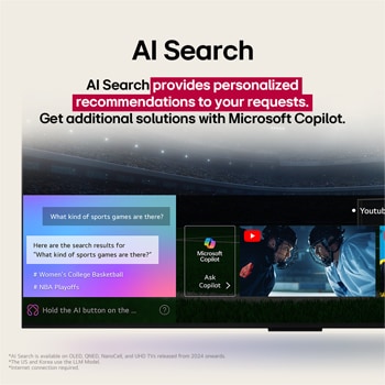 Detail obrazovky televizoru LG OLED TV zobrazující, jak funguje funkce AI Search. Otevře se malé okno chatu, ve kterém se zobrazí, jak se uživatel ptal na nabídku sportovních her. AI vyhledávání reagovalo prostřednictvím chatu a zobrazováním miniatur dostupného obsahu. Zobrazí se také výzva, abyste se obrátili na Microsoft Copilot. 