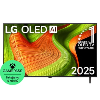 Čelní pohled na LG OLED AI B5 4K Smart TV. Na obrazovce je emblém 12 let světové jedničky OLED a logo LG OLED AI 2025.