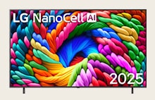 LG NanoCell TV con obra de arte colorida y el título LG NanoCell AI 2025 en la pantalla.